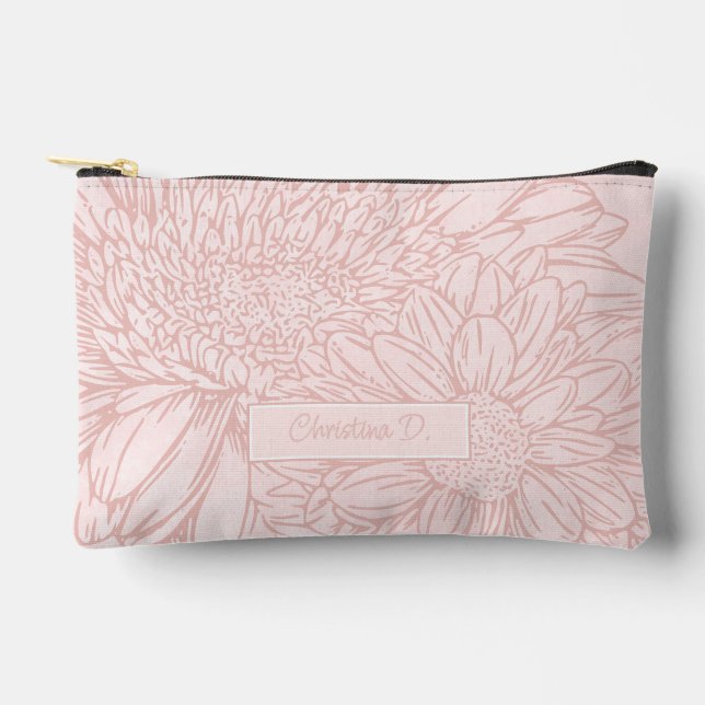 Pochette À Accessoires Rose Pâle Grunge avec Nom et Chrysanthèmes (Recto)