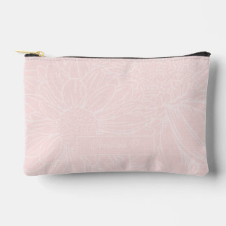 Pochette À Accessoires Rose Pâle sur Chrysanthèmes Roses avec Nom