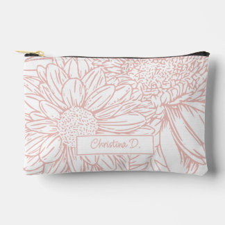 Pochette À Accessoires Rose Poudré sur Chrysanthèmes Blanches avec Nom