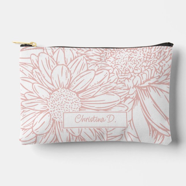 Pochette À Accessoires Rose Poudré sur Chrysanthèmes Blanches avec Nom (Recto)