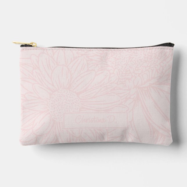 Pochette À Accessoires Rose sur Chrysanthèmes Rose Pâle avec Nom (Recto)
