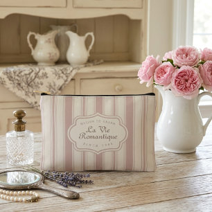 Pochette À Accessoires Rose Vintage et Rayures Crème Campagne Française 