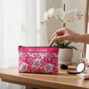 Pochette À Accessoires Rose Violet Floral Nom Personnalisé