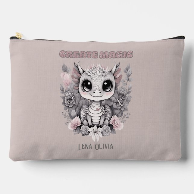Pochette À Accessoires Rose Whimsical "Créer Magie" Petit Dragon (Recto)