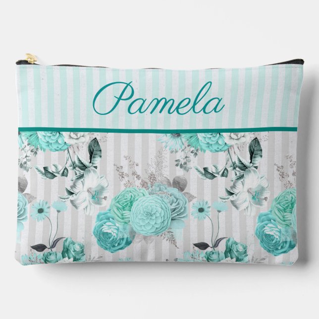 Pochette À Accessoires Roses Bleues Turquoise, Rayures Grises et Monogram (Recto)
