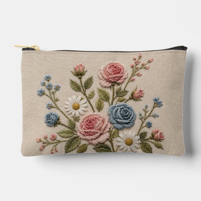Pochette À Accessoires Roses Brodées Blush & Bleu (Recto)