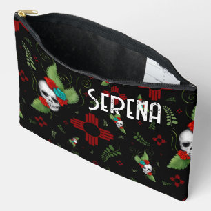Pochette À Accessoires Roses crâne Zia Sun Green Black Nouveau-Mexique