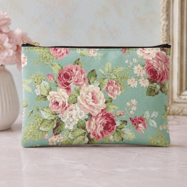 Pochette À Accessoires Roses de chou rose sur fond aqua (Créateur téléchargé)