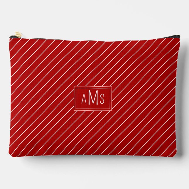 Pochette À Accessoires Rouges et Blanches Rayures Monogramme Élégantes (Recto)
