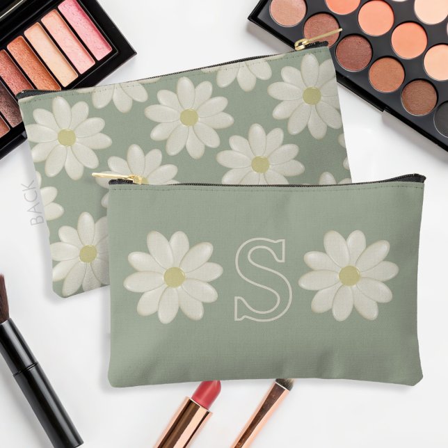 Pochette À Accessoires Sage Green Daisy Monogramme Accessoire Pouch (Sage Green Daisy makeup bag with space for your initial )