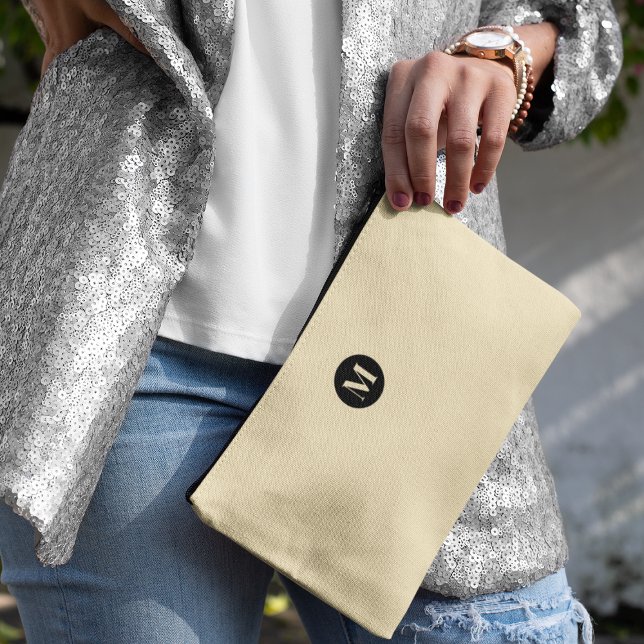 Pochette À Accessoires Simple Monogramme Noir & Beige Élégant Neutre (Créateur téléchargé)