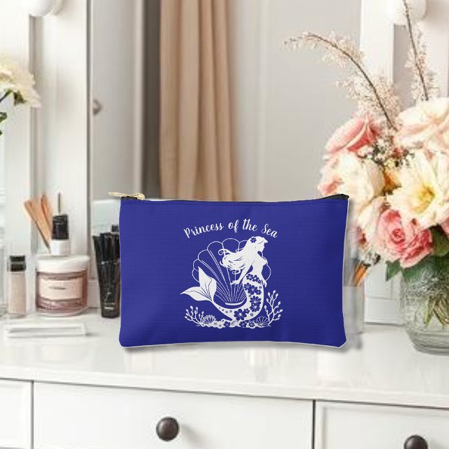 Pochette À Accessoires Sirène hawaïenne Princesse de la mer Bleue (Hawaiian Mermaid Tropical Flowers Sea Shells Coral, Summer Beach, Fisherman Trend Small Bag Blue)