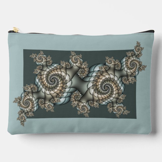 Pochette À Accessoires Spirales d'art fractal beige abstrait bleu clair (Recto)