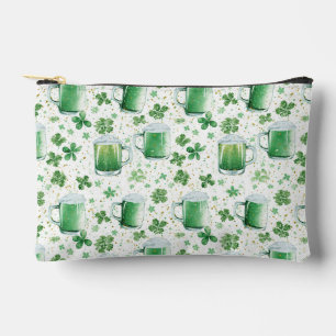 Pochette À Accessoires Tasses à bière vertes élégantes et trèfles blancs