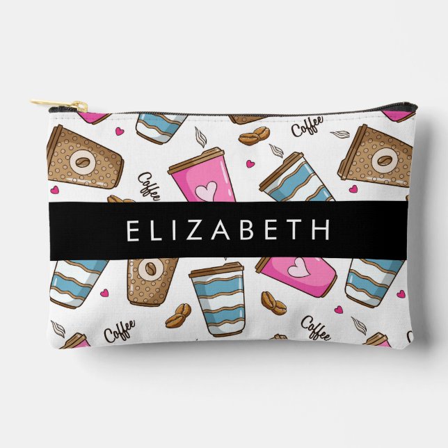 Pochette À Accessoires Tasses À Café, Haricots À Café, Coeurs, Votre Nom (Recto)
