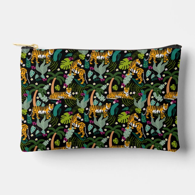 Pochette À Accessoires Tigre tropical Forêt botanique Noire Jungle Safari (Recto)