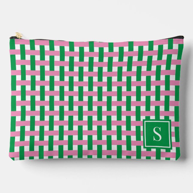 Pochette À Accessoires Tissage Panier Prépa – Monogramme Rose & Vert (Recto)
