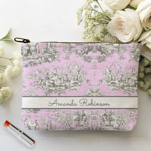 Pochette À Accessoires Toile de Jouy Fleur de Lac Rose Vintage Monogramme