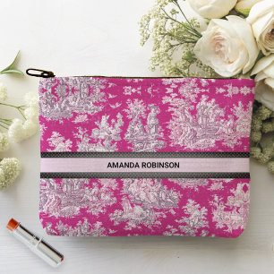 Pochette À Accessoires Toile de Jouy Florale Monogramme Rose Vintage