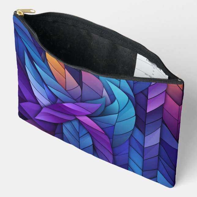 POCHETTE À ACCESSOIRES TONS DE BLEU ET MOTIFS À FEUILLES PURPLES (Ouvrir)