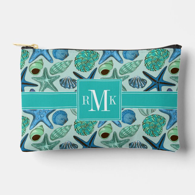 Pochette À Accessoires Tons De Coquillages Bleus Et Motif D'Écre (Recto)