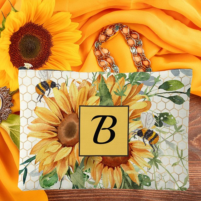 Pochette À Accessoires Tournesols et abeilles monogramme (Créateur téléchargé)