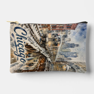 Pochette À Accessoires Train aérien de Chicago dans la neige hivernale