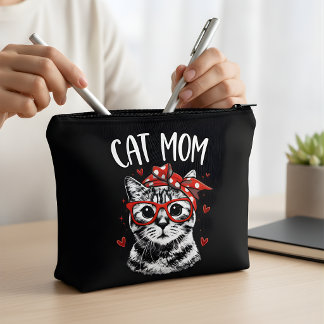 Pochette À Accessoires Trendy Cat Mom with Glasses & Bandana Black 