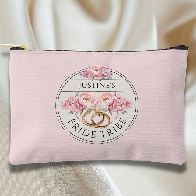 Pochette À Accessoires Tribu de mariée fleurs personnalisés (Pink floral Accessory Pouch bridesmaid gift with the text Bride Tribe)