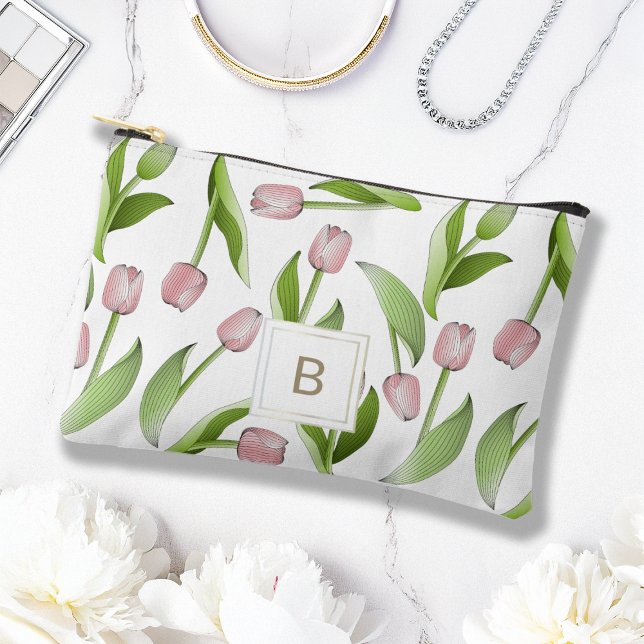 Pochette À Accessoires Tulipe Fleur Rose Moderne Monogramme (Créateur téléchargé)