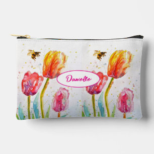 Pochette À Accessoires Tulipe rouge et motif de fleur d'abeille Aquarelle