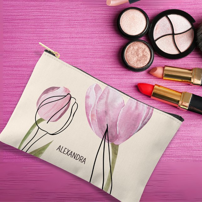 Pochette À Accessoires Tulipes de printemps Nom personnalisé Cosmétique o (Créateur téléchargé)