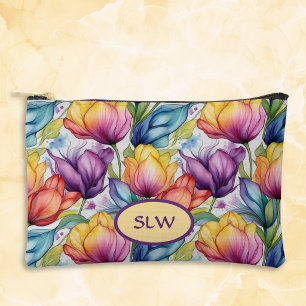 Pochette À Accessoires Tulipes en rose violet or encre alcoolique vintage