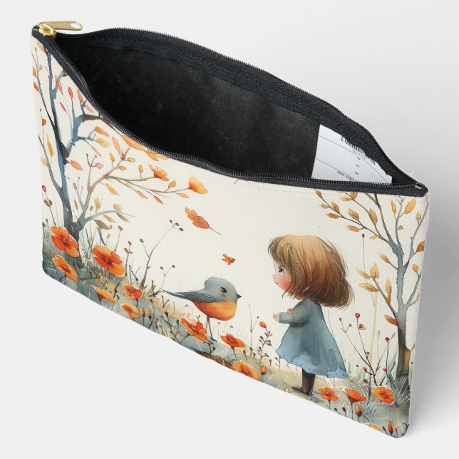 Pochette À Accessoires Une Aquarelle Peinture De Petite Fille & Oiseau (Ouvrir)