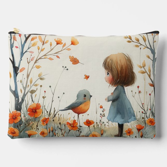 Pochette À Accessoires Une Aquarelle Peinture De Petite Fille & Oiseau (Recto)