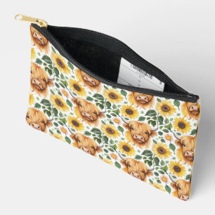 Pochette À Accessoires Vaches Highland et fleurs de tournesol jaune
