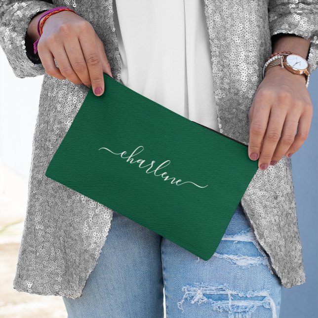 Pochette À Accessoires Vert Chasseur et Élégant Nom Blanc (Hunter Green and White Elegant Name Accessory Pouch)