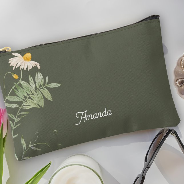 Pochette À Accessoires Vert sauge Daisy Floral Minimal  (Créateur téléchargé)