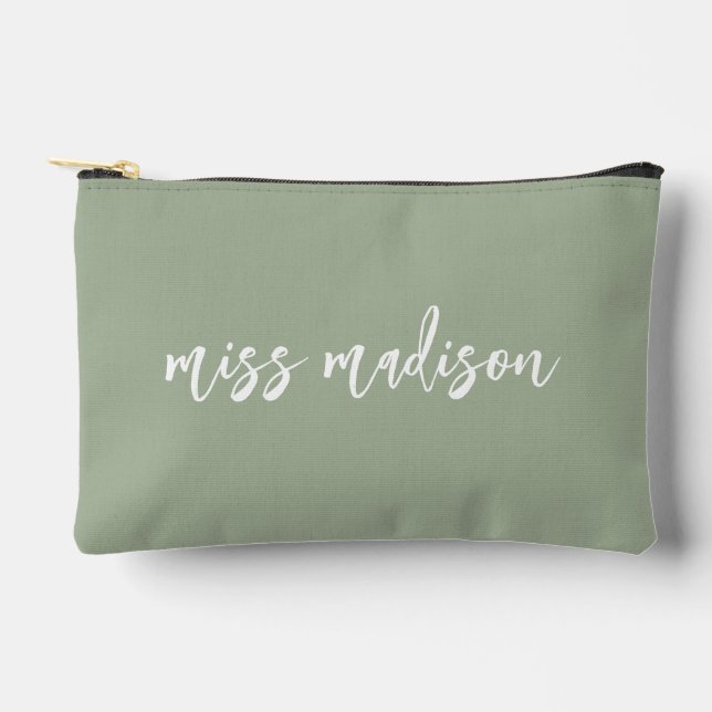Pochette À Accessoires Vert sauge Écriture personnalisée du nom de l'ense (Recto)