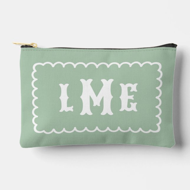 Pochette À Accessoires Vert sauge et monogramme festonné blanc (Recto)