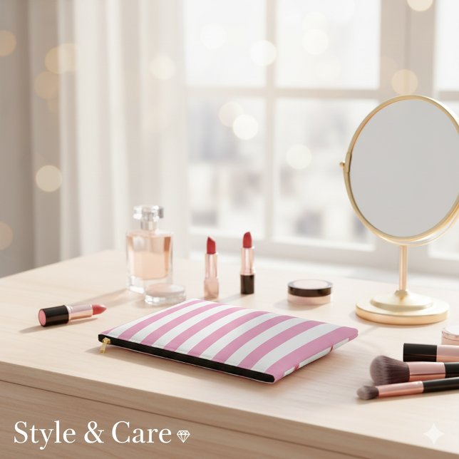 Pochette À Accessoires Verticale rose pâle et blanche (Light Pink and White Vertical Striped Accessory Pouch)