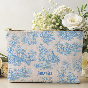 Pochette À Accessoires Vintage bleu turquoise toile jouy monogramme
