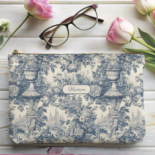 Pochette À Accessoires Vintage Chic Bleu Toile de Jouy Floral Monogramme