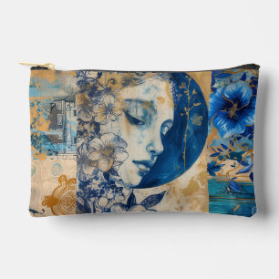 Pochette À Accessoires Vintage Indigo Blue Floral Collage Abstrait