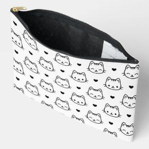 Pochette À Accessoires visages de chat motif kawaii cœurs noir et blanc