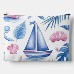 POCHETTE À ACCESSOIRES VOILIERS ET COQUILLAGES À L'AQUARELLE ROSE ET BLEU