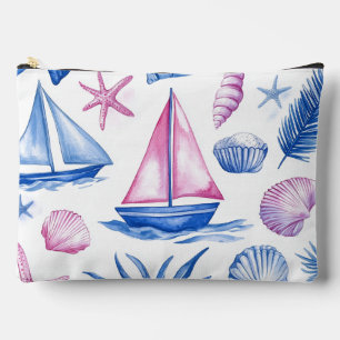 POCHETTE À ACCESSOIRES VOILIERS ET COQUILLAGES À L'AQUARELLE ROSE ET BLEU