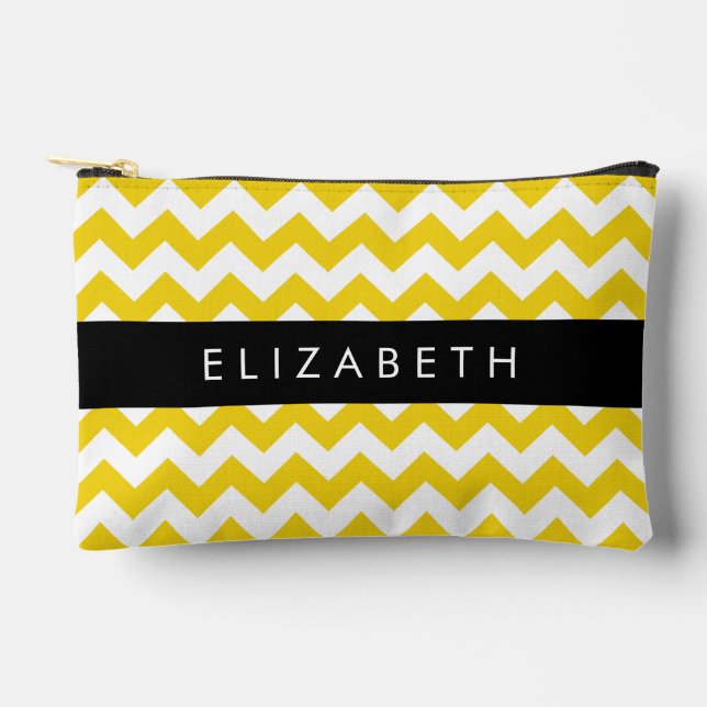 Pochette À Accessoires Zigzag Jaune, Chevron Jaune, Votre Nom (Recto)