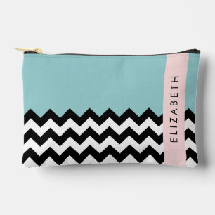 Pochette À Accessoires Zigzag noir et blanc, Chevron, Bleu, Votre nom