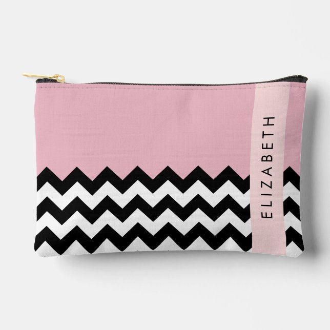 Pochette À Accessoires Zigzag noir et blanc, Chevron, rose, Votre nom (Recto)